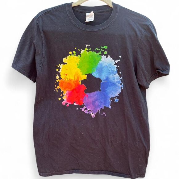 Gildan Other - Vintage Gildan Black Rainbow Paint Splatter T-Shirt Art Color Wheel  Size Medium